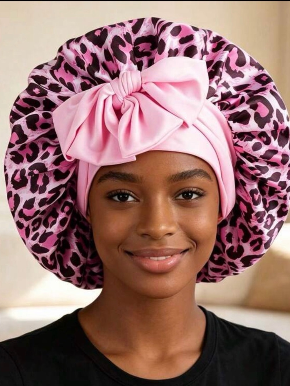 Pink Leopard Satin Bonnet with Bow - Women's Hair Wrap